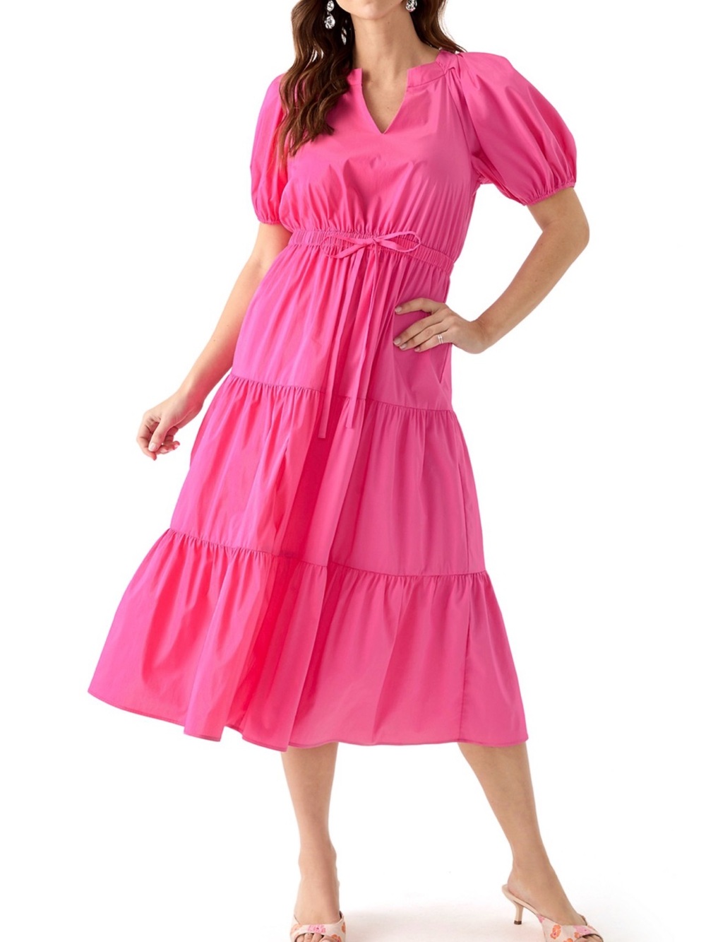 Anne Klein Pink Tiered Midi Dress w/ Puff Sleeves in Carmine Rose, Size XL, NWT